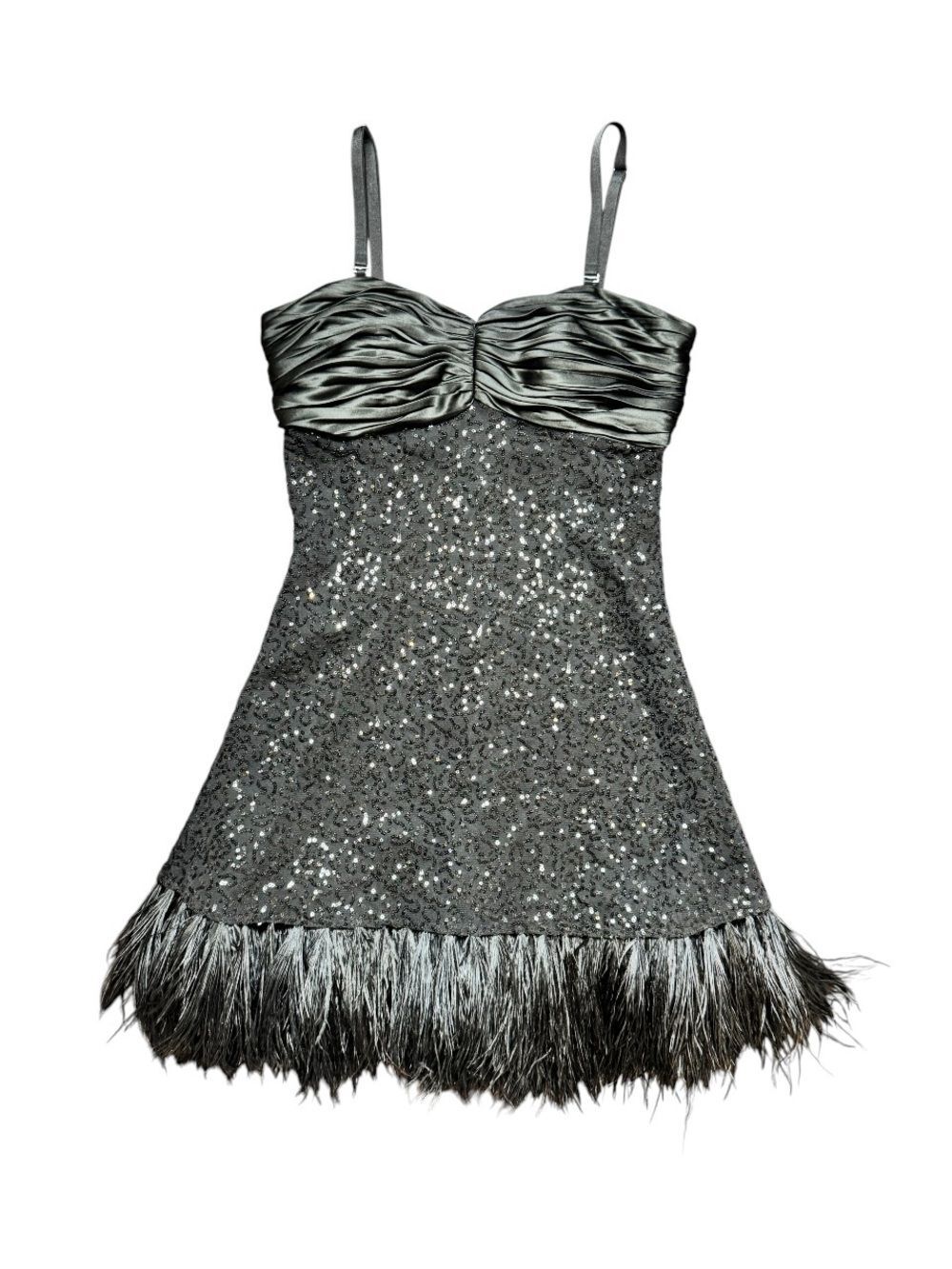 Y2K Fleur de Paris Black Sequin Feather Hem Dress Size Small